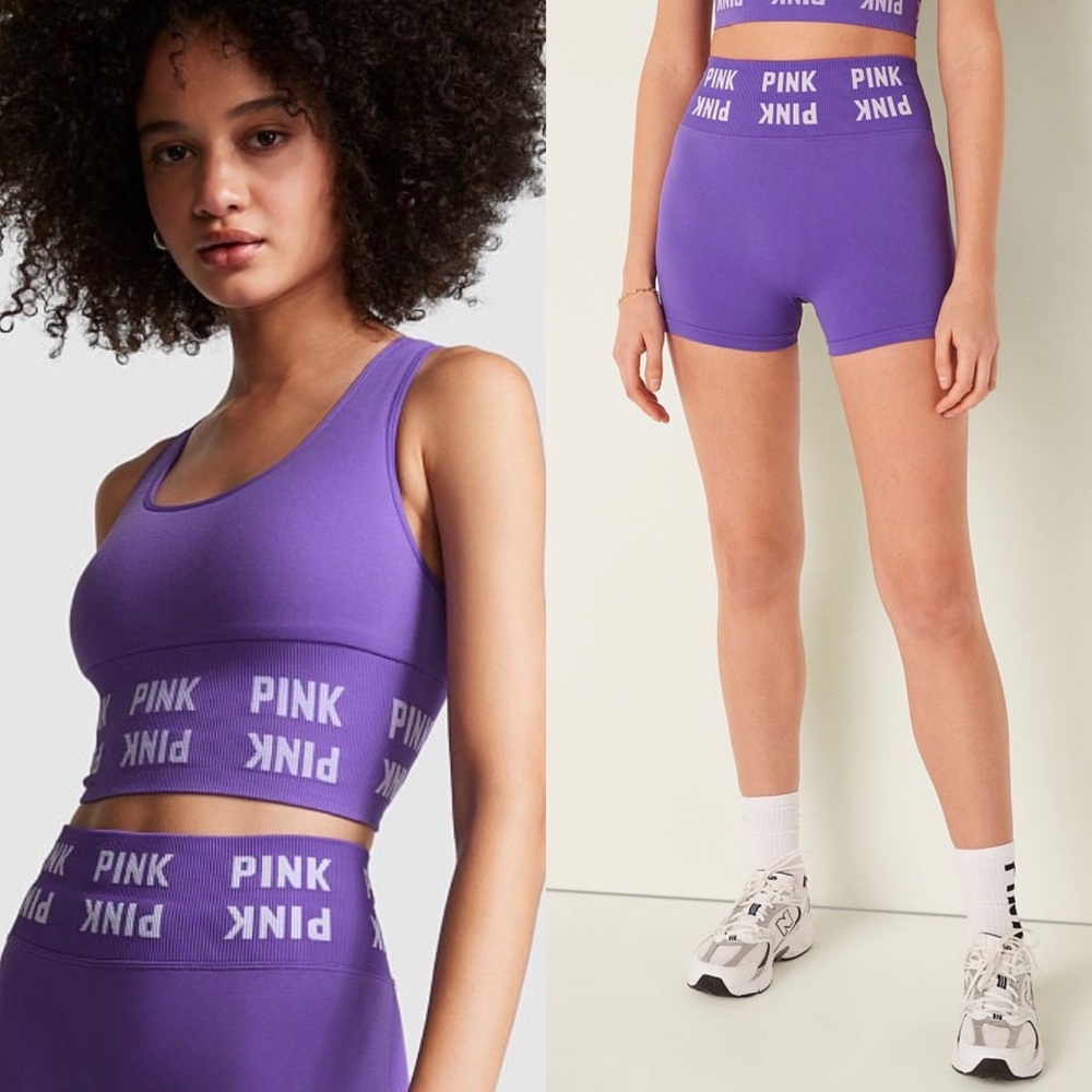 VS Pink seamless 3” high waist shorties & matching seamless scoop neck sport bra